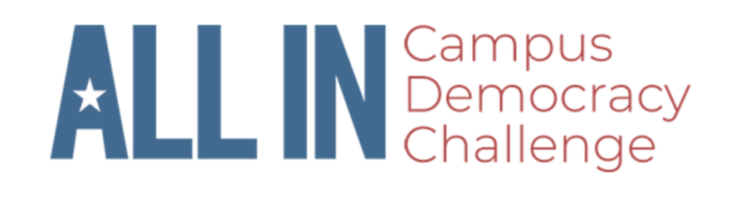 Logo with the text "ALL IN" in large blue letters, featuring a white star within the "A". To the right, the words "Campus Democracy Challenge" are written in smaller red letters, arranged in three lines.